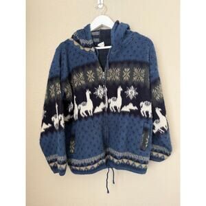 Aly Marka 100% Wool Sweater Size Medium Zip Up Soft Hooded Blue Animal Print